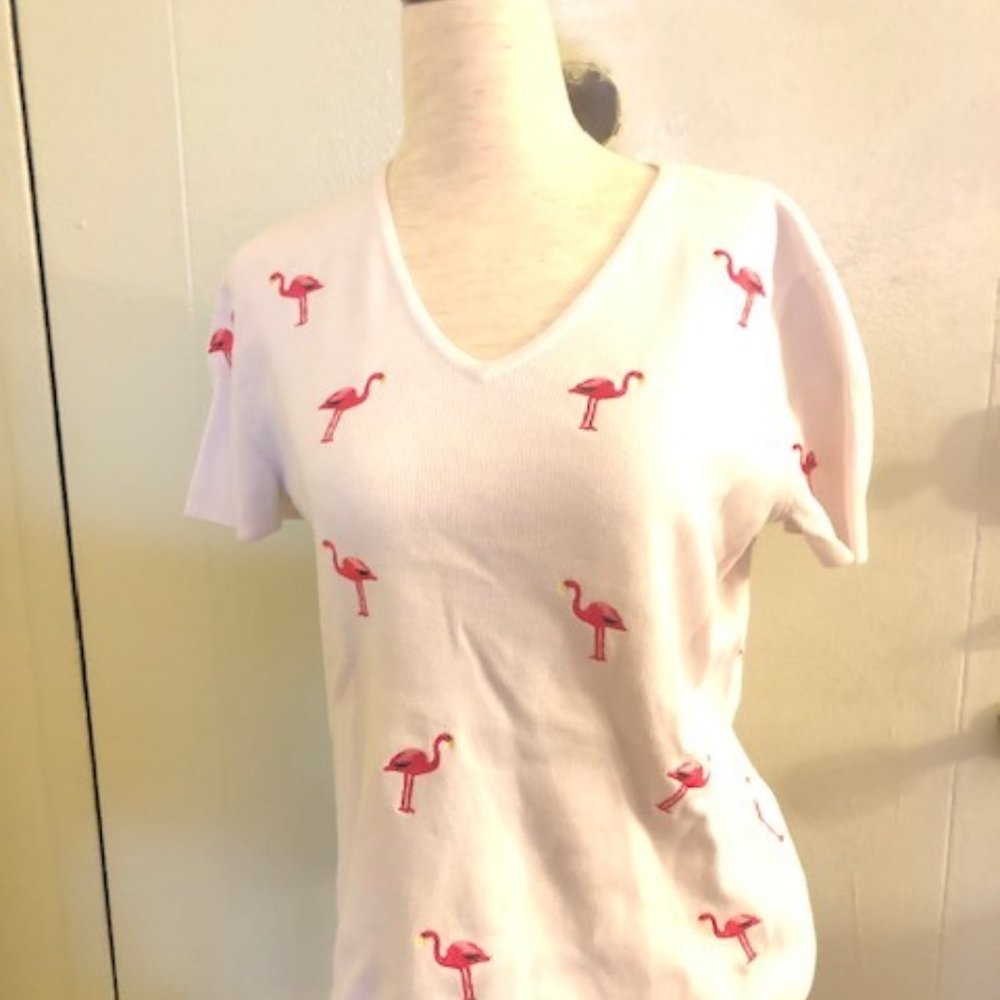 Vintage Carole Little Cotton Sweater with Flamingoes
